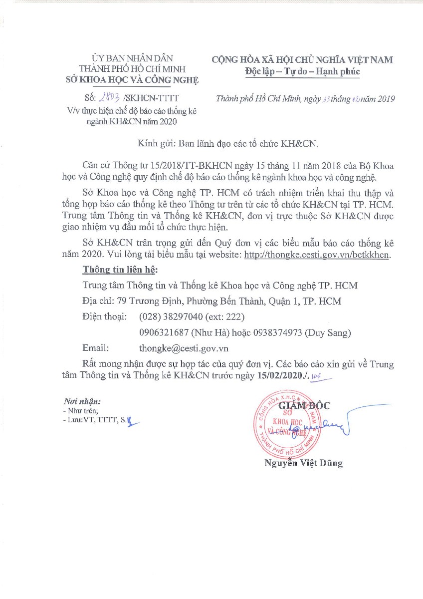 CV2803-Thuc hien BCTK nganh KHCN 2020